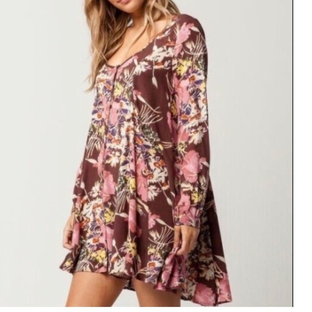 ONeill Womens Brown Pink Floral Long Sleeve V-Neck Swing Mini Dress Tunic Boho
